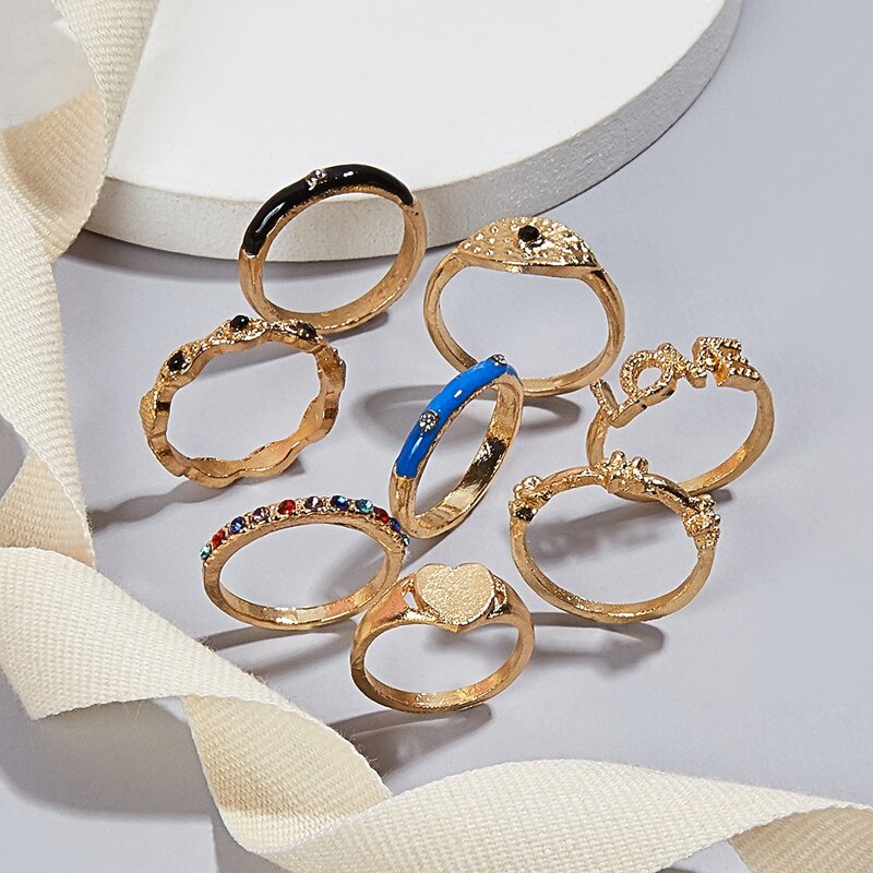 

8pcs Rhinestone Ring, Multicolor