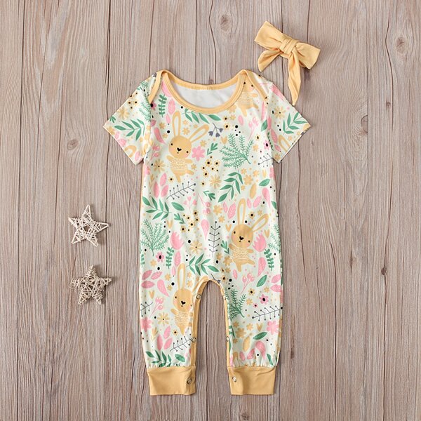 

Baby Girl Plants Print Jumpsuit & Headband, Multicolor