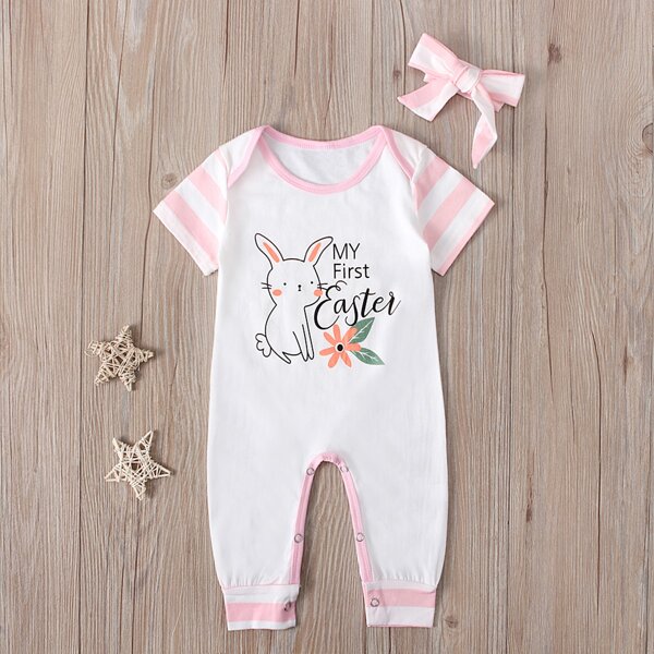 

Baby Girl Letter & Cartoon Graphic Jumpsuit & Headband, Multicolor
