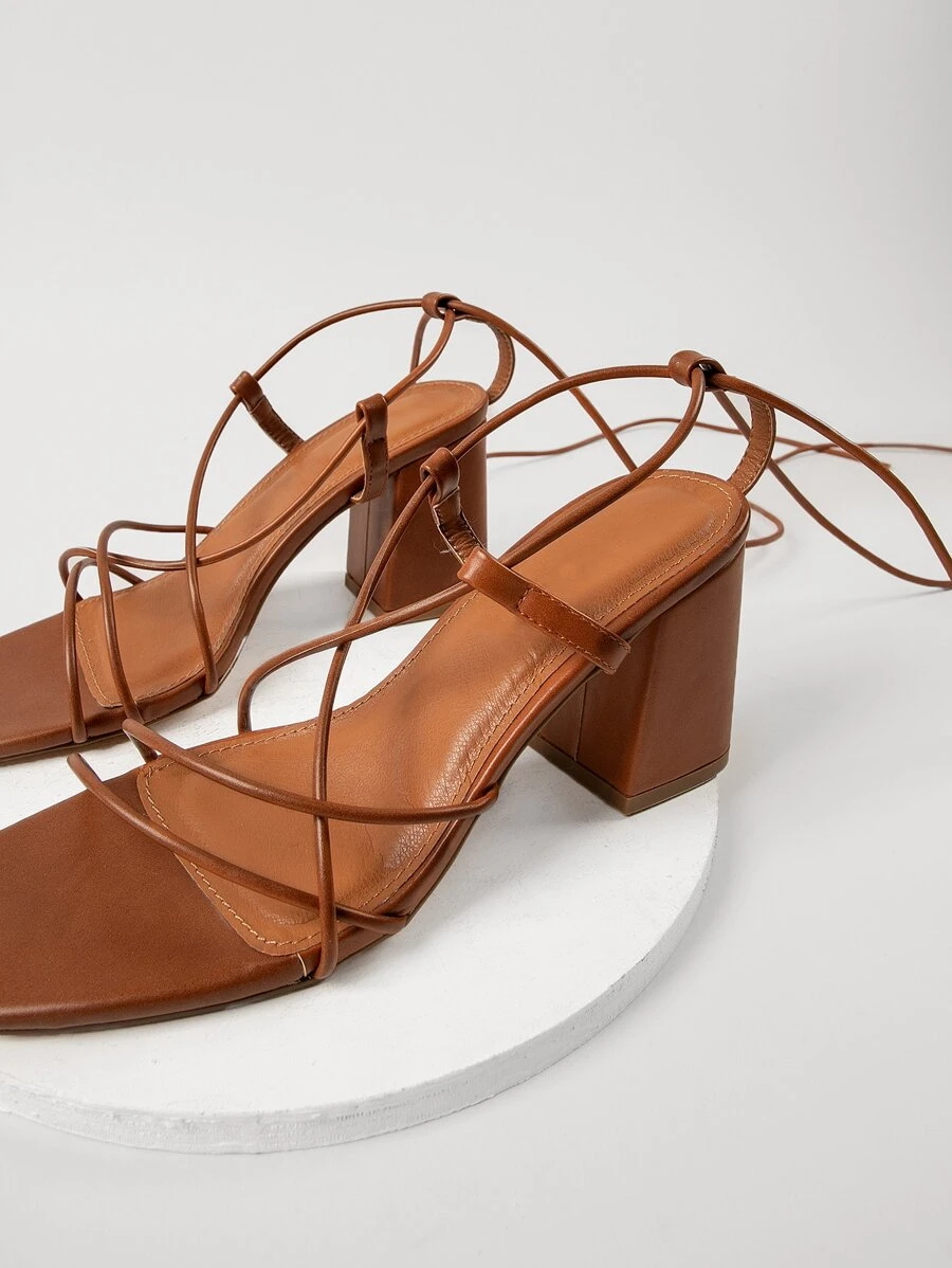 皮革方頭打結高跟鞋 - 鏽棕色 - 查看 1