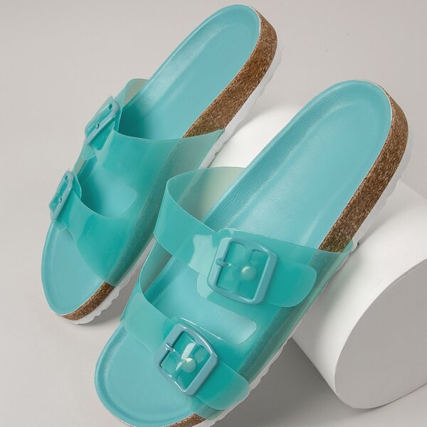 

Dual Buckle Translucent Vamp Platform Footbed Slides, Cadet blue
