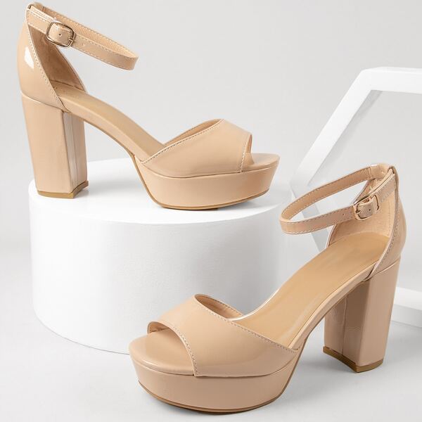 

Faux Patent Leather Peep-Toe Ankle Strap Heels, Apricot