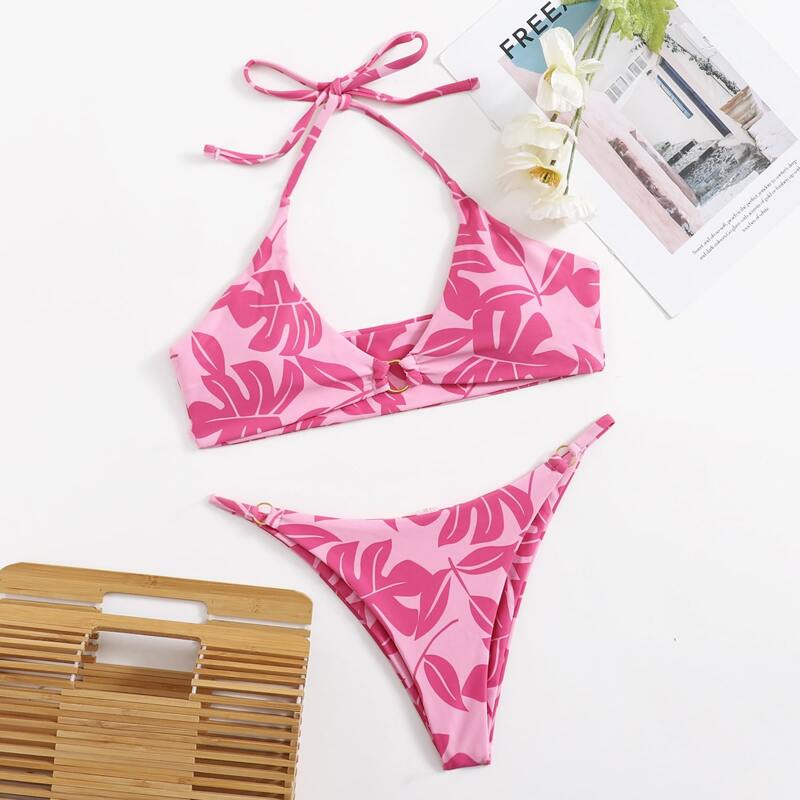 

Leaf Graphic Ring Decor Halter Bikini Swimsuit, Pink