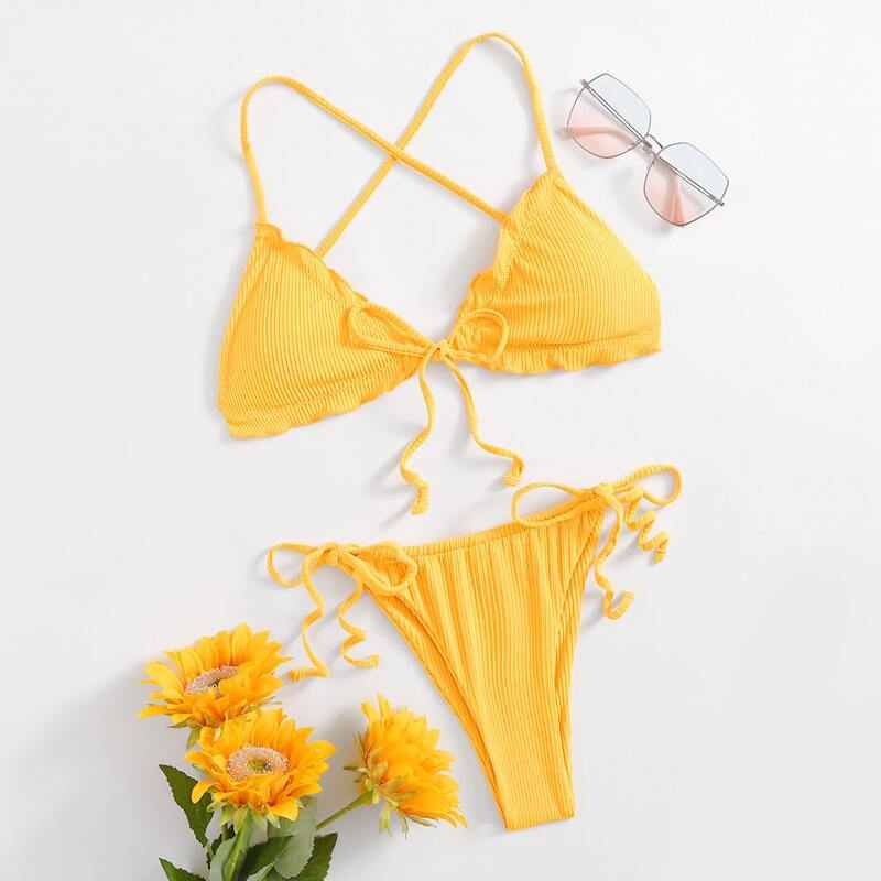 

Solid Frill Ribbed Tie Side Bikini Swimsuit, Yellow