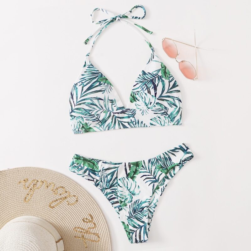

Leaf Graphic Halter Bikini Swimsuit, Multicolor