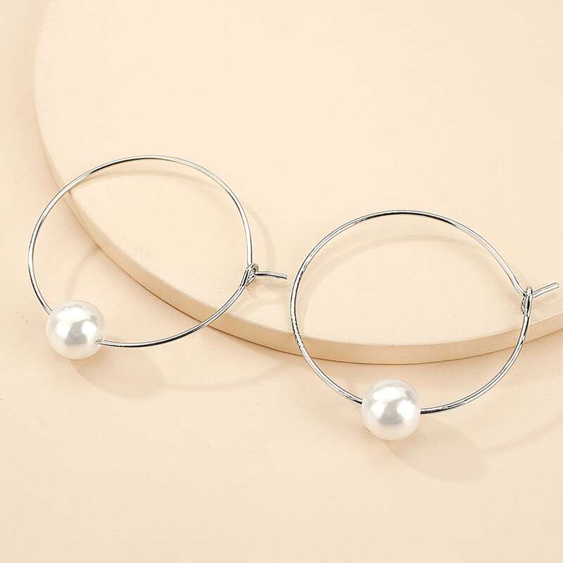 

Faux Pearl Hoop Earrings, Silver