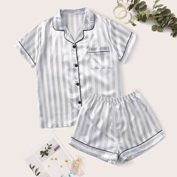 

Plus Contrast Binding Stripe Satin PJ Set, Silver