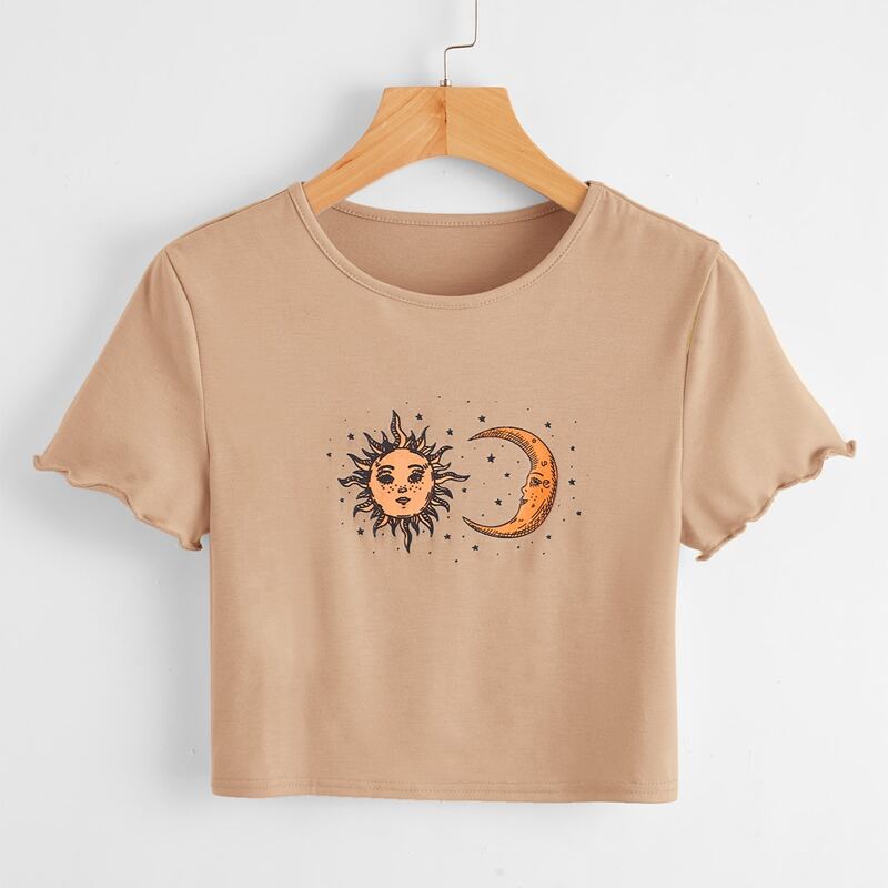 

Sun & Moon Graphic Crop Tee, Khaki