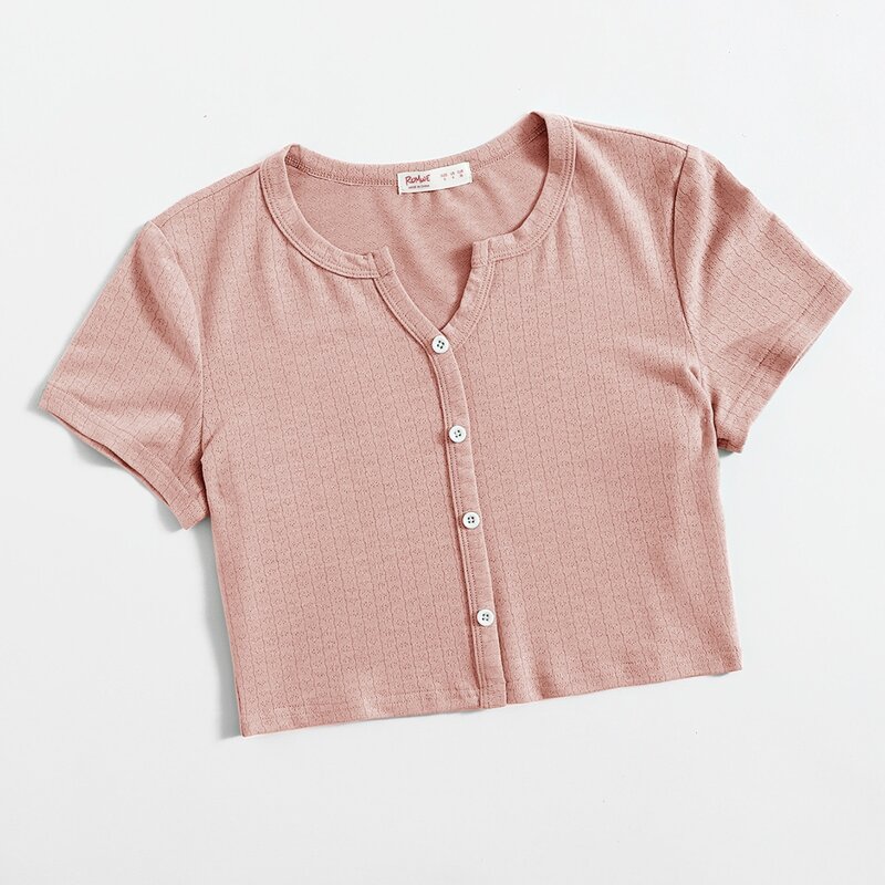 

Pointelle Button Front Crop Tee, Coral pink