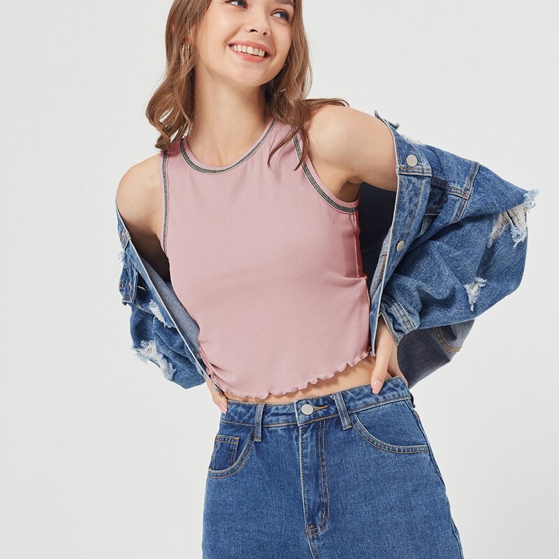 

Contrast Stitching Crop Tank Top, Dusty pink