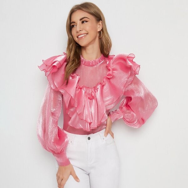 

Layered Exaggerate Ruffle Trim Lantern Sleeve Sheer Top, Pink