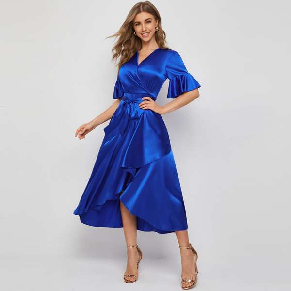 

Flounce Sleeve Self Belted Wrap Satin Dress, Royal blue