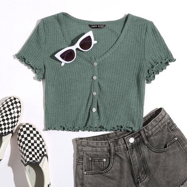 

Lettuce Trim Waffle Knit Tee, Dark green