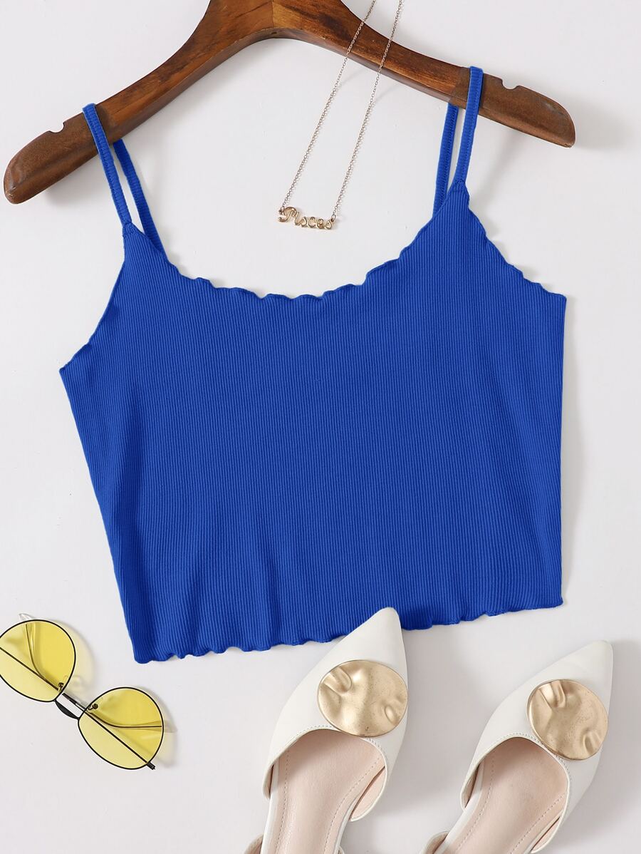 SHEIN EZwear Top de tirantes corto tejido de canalé ribete en forma de lechuga - azul real - Ver 1
