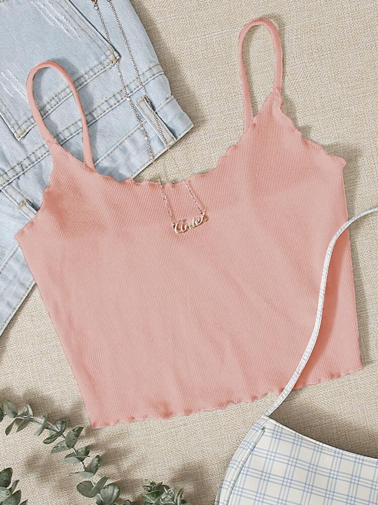 SHEIN EZwear Lettuce Trim Rib-knit Crop Cami Top - Baby Pink - View 1