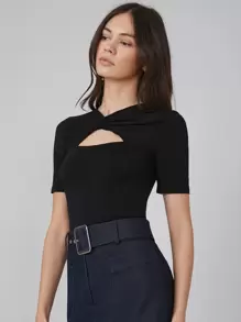 MOTF PREMIUM Twist Front Cut Out Keyhole Neck Tee - Black - View 4