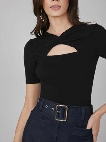 MOTF PREMIUM Twist Front Cut Out Keyhole Neck Tee - Black - View 5