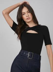 MOTF PREMIUM Twist Front Cut Out Keyhole Neck Tee - Black - View 10