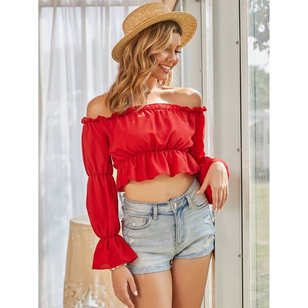 

Solid Frill Trim Bardot Peplum Blouse, Red
