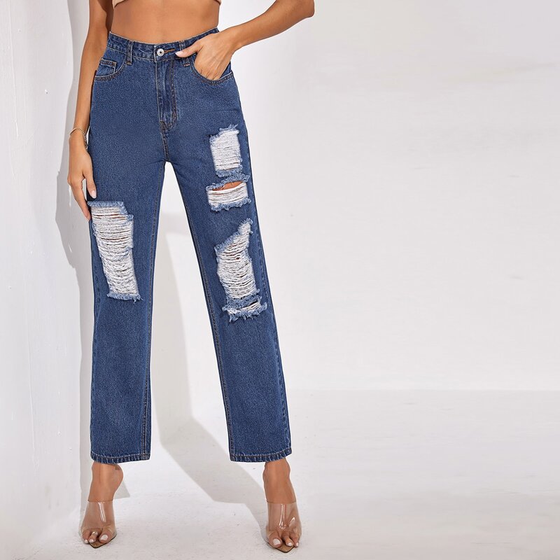 

High Waist Ripped Straight Jeans, Dark wash