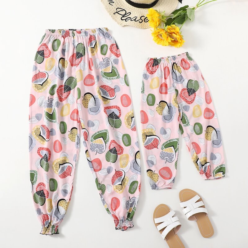 

Leaf Print Elastic Waist Pants, Pink