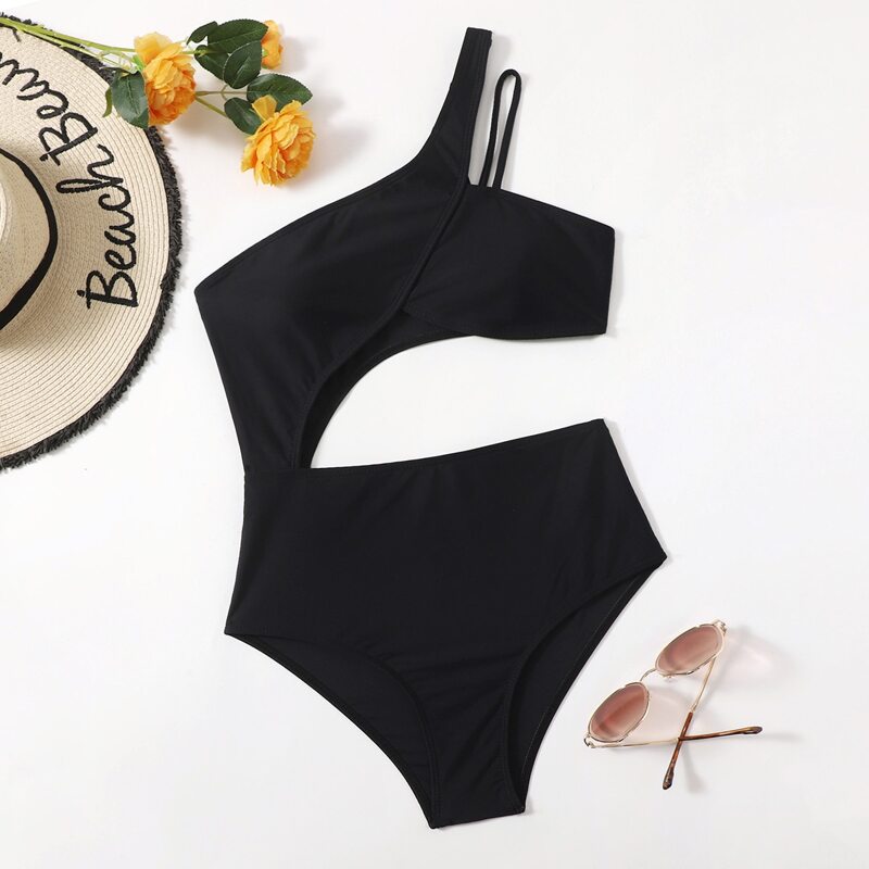

Solid One Shoulder Cut Out One Piece Swimsuit, Black