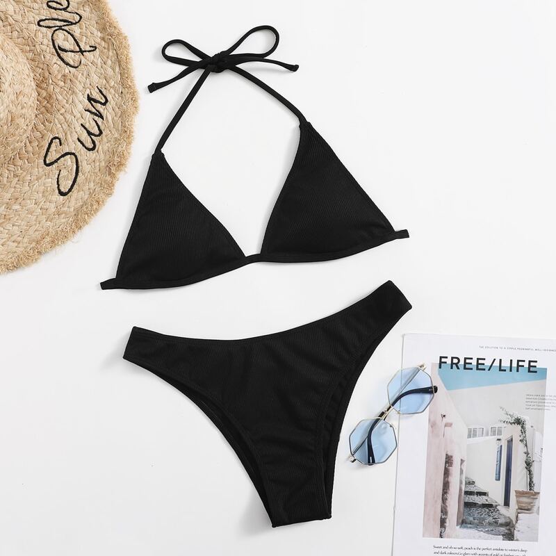 

Solid Halter Ribbed Bikini Swimsuit, Black