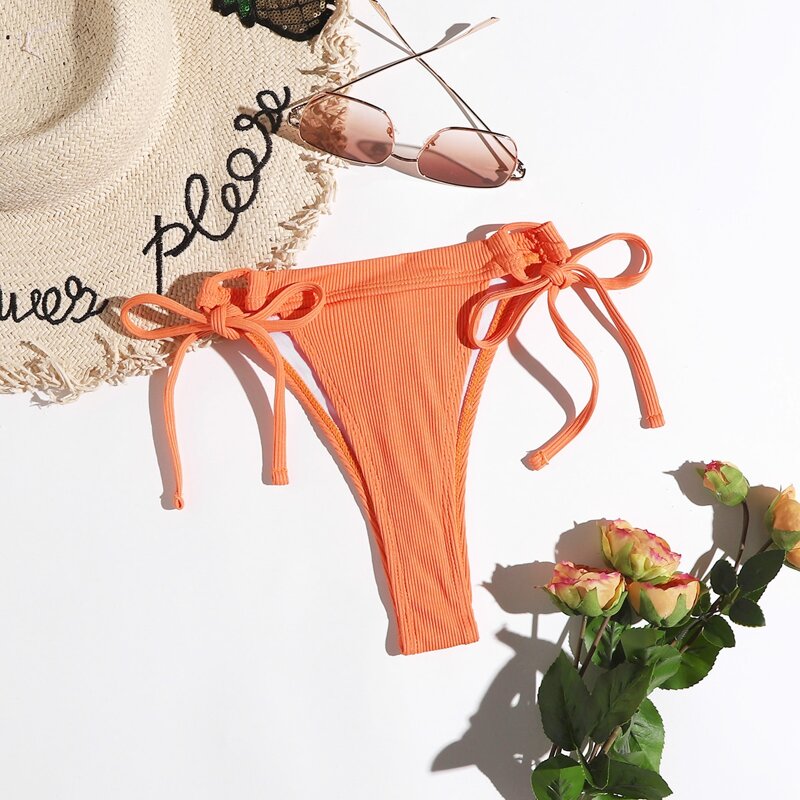 

Solid Ribbed Tie Side Bikini Bottom, Orange