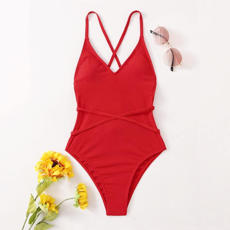

Solid Ribbed Criss Cross One Piece Swimsuit, Red
