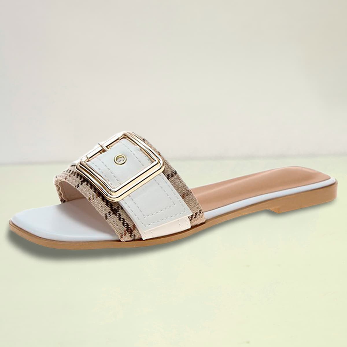 

Plaid Buckle Slide Sandals, White