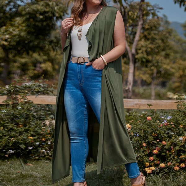 

Plus Solid Sleeveless Kimono, Army green