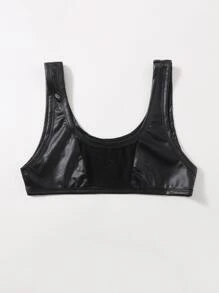 PU Leather Contrast Lace Bralette - Black - View 1