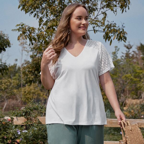 

Plus Contrast Lace V Neck Tee, White