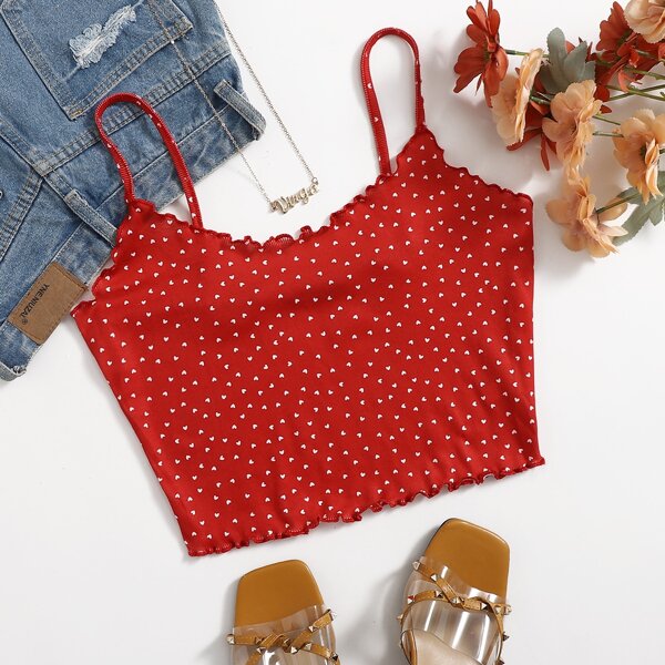 

Allover Heart Print Lettuce Trim Rib-knit Cami Top, Red and white