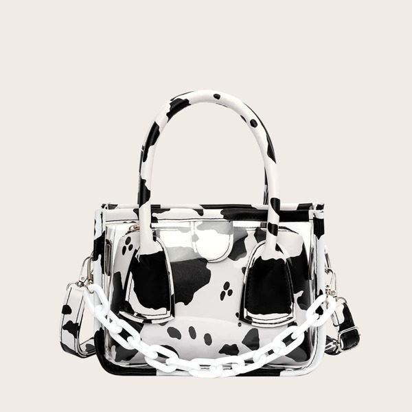 

Clear Cow Print Satchel Bag With Inner Pouch, Black and white