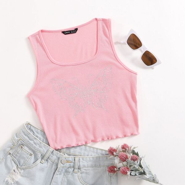 

Butterfly Rhinestone Rib-knit Tank Top, Baby pink