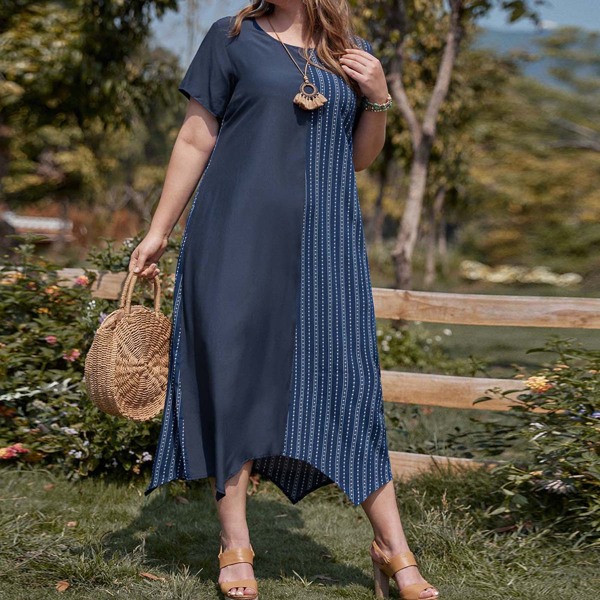 

Plus Striped Chevron Hem Tunic Dress, Navy blue