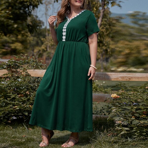 

Plus Appliques High Waist A-line Dress, Dark green