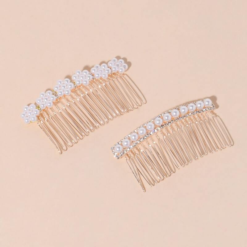 

2pcs Faux Pearl & Rhinestone Hair Pin, Multicolor