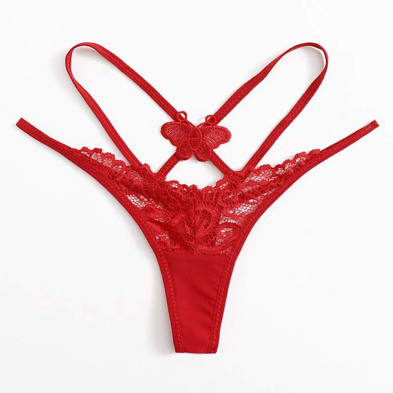 

Butterfly Embroidery Contrast Lace Thong, Red