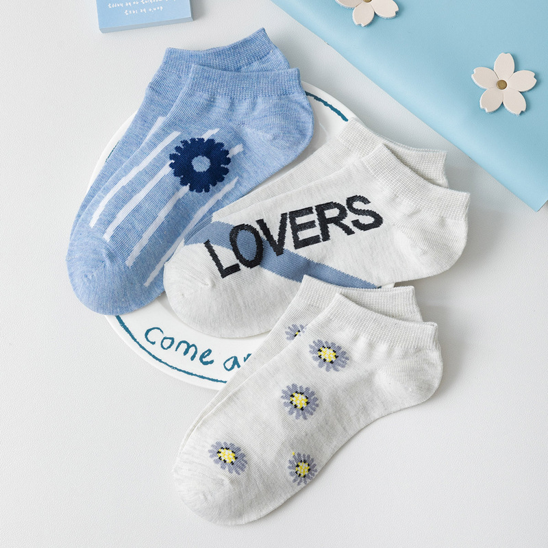 

3pairs Floral & Letter Print Ankle Socks, Multicolor