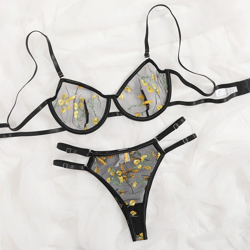 

Floral Embroidery Sheer Mesh Lingerie Set, Black