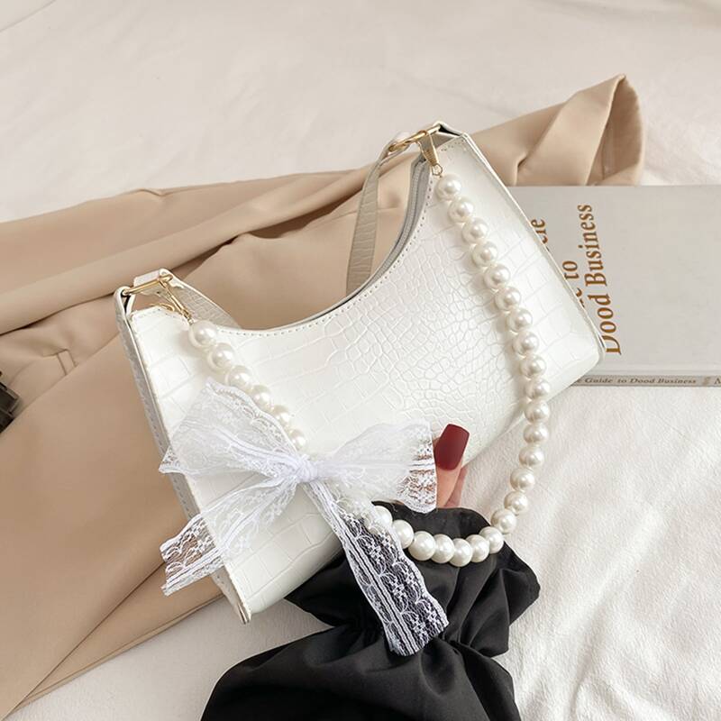 

Faux Pearl Croc Embossed Baguette Bag, White