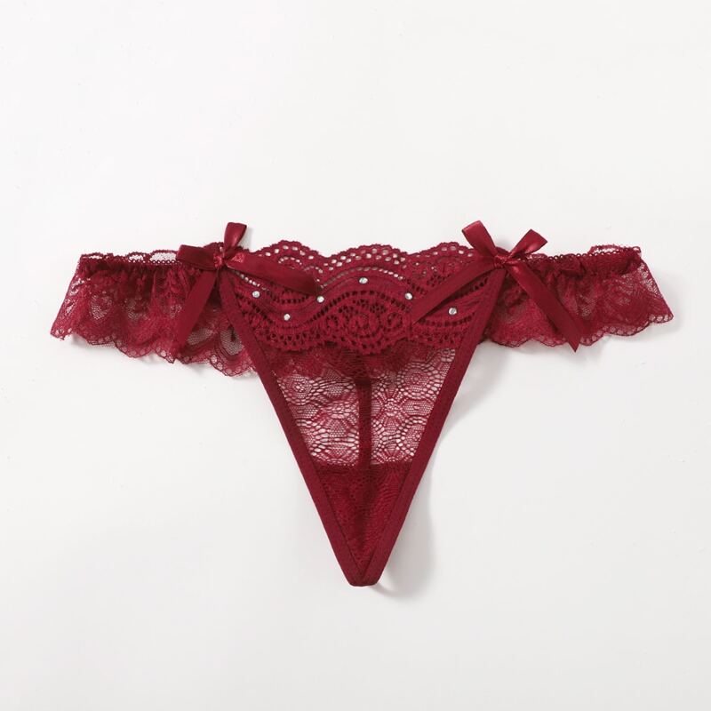 

Contrast Lace Bow Rhinestone Decor Thong, Burgundy