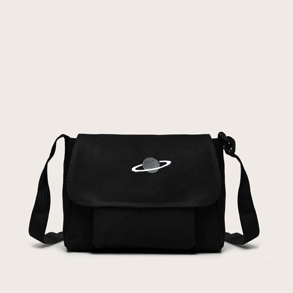 

Planet Embroidered Flap Crossbody Bag, Black