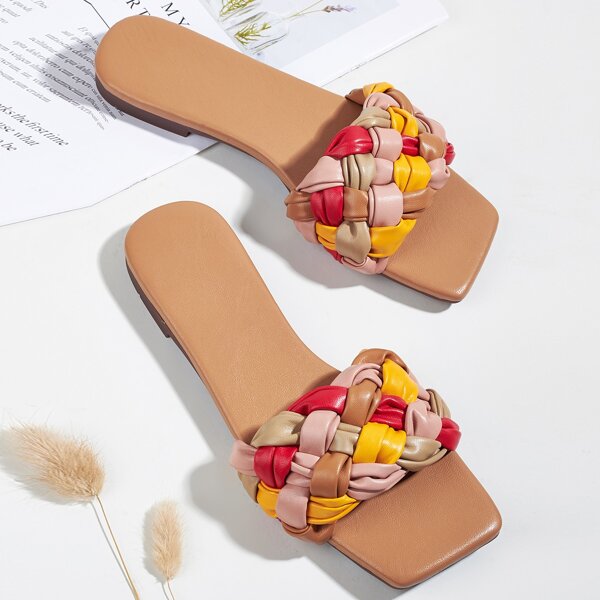 

Color Block Braided Design Slide Sandals, Multicolor