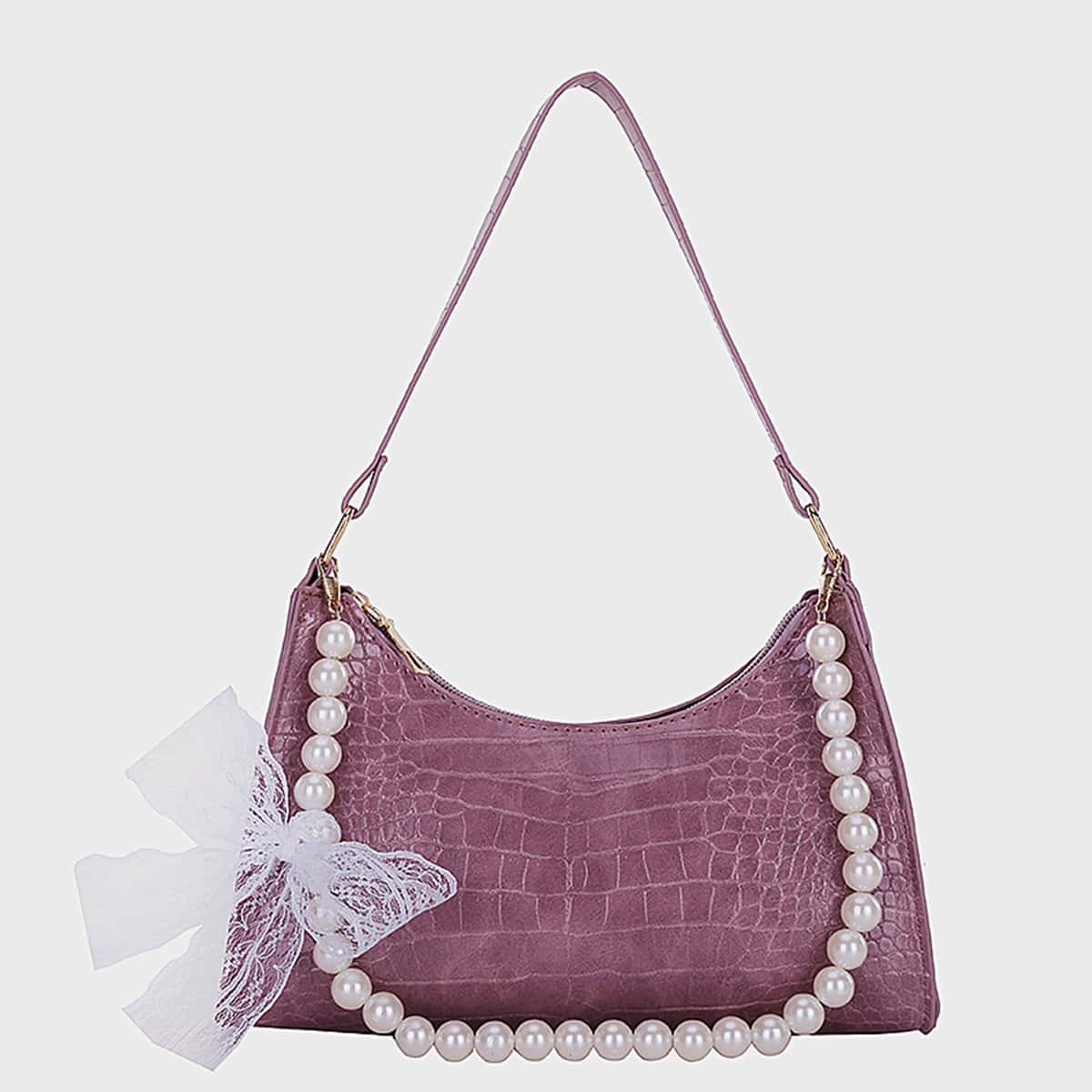 

Faux Pearl Croc Embossed Baguette Bag, Mauve purple