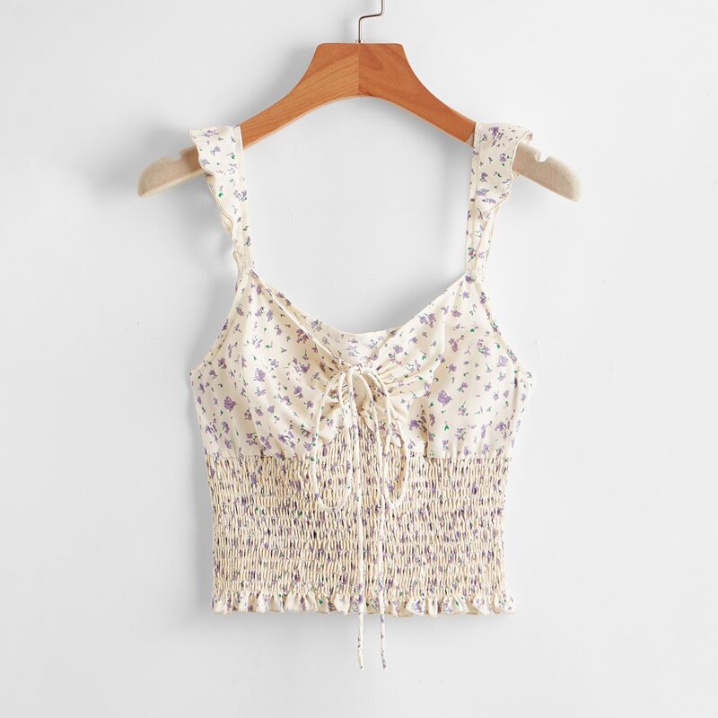 

Ditsy Floral Shirred Top, Beige