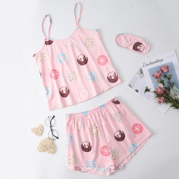 

Plus Doughnut Print PJ Set With Eye Cover, Baby pink