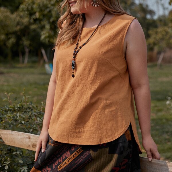 

Plus Solid Curved Hem Tank Top, Orange